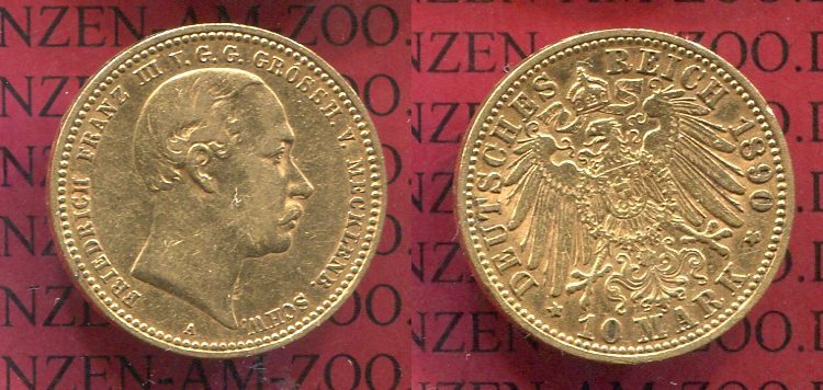 Mecklenburg Schwerin Germany 10 Mark Goldmünze 1890 A Friedrich Franz
