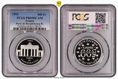 France 500 Francs 70 Ecus Platin Platinum 1993 Brandenburger Tor- porte de Brandenbourg PCGS PR 69 D
