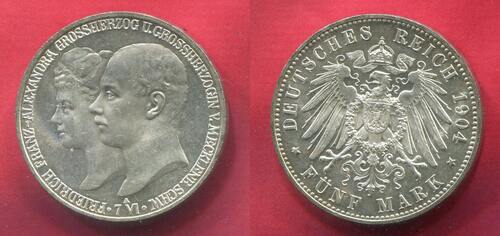 Mecklenburg Schwerin 5 Mark Silbermünze 1904 Friedrich Franz IV. Hochzeit mit Alexandra prfr. f. stg