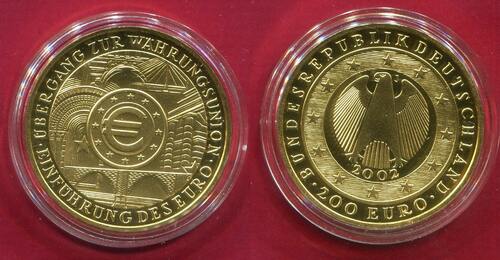 Deutschland BRD Germany 200 Euro Gold 2002 J Währungsunion, Euro Einführung Münze Hamburg Unze Ounce