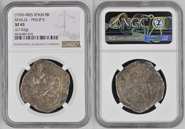 Spain Spanien 8 Reales (1556-98) S Philipp II. 1555 - 1598 Cob Coin Sevilla Mint NGC XF 45 Schiffsge