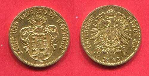 Germany Deutschland Kaiserreich Hamburg 10 Mark Gold 1873 Erster Typ First Type Rare Selten sehr sch
