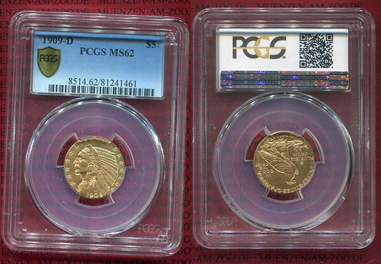 USA 5 Dollar Goldmünze 1909 D Indianerkopf Half Eagle Indian Head PCGS ...