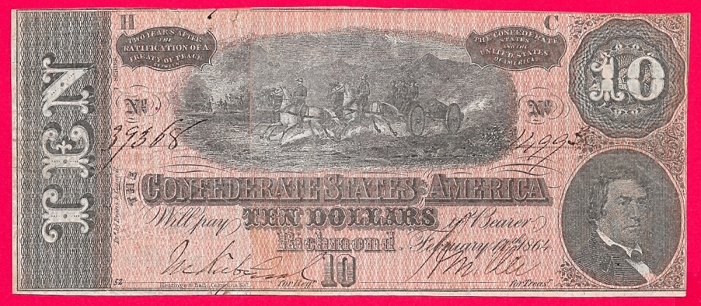 The Confederate States Of America 10 Dollars Richmond February 17th 1864 Gebraucht Rs Beklebt Siehe Bilder Ma Shops