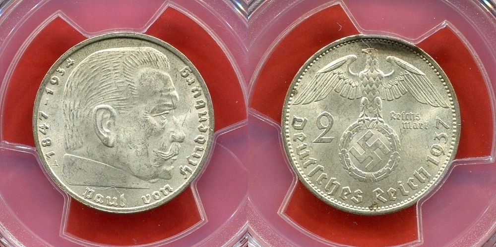 2 Mark Deutsches Reich 1937 Paul Von Hindenburg www.ma-shops.de