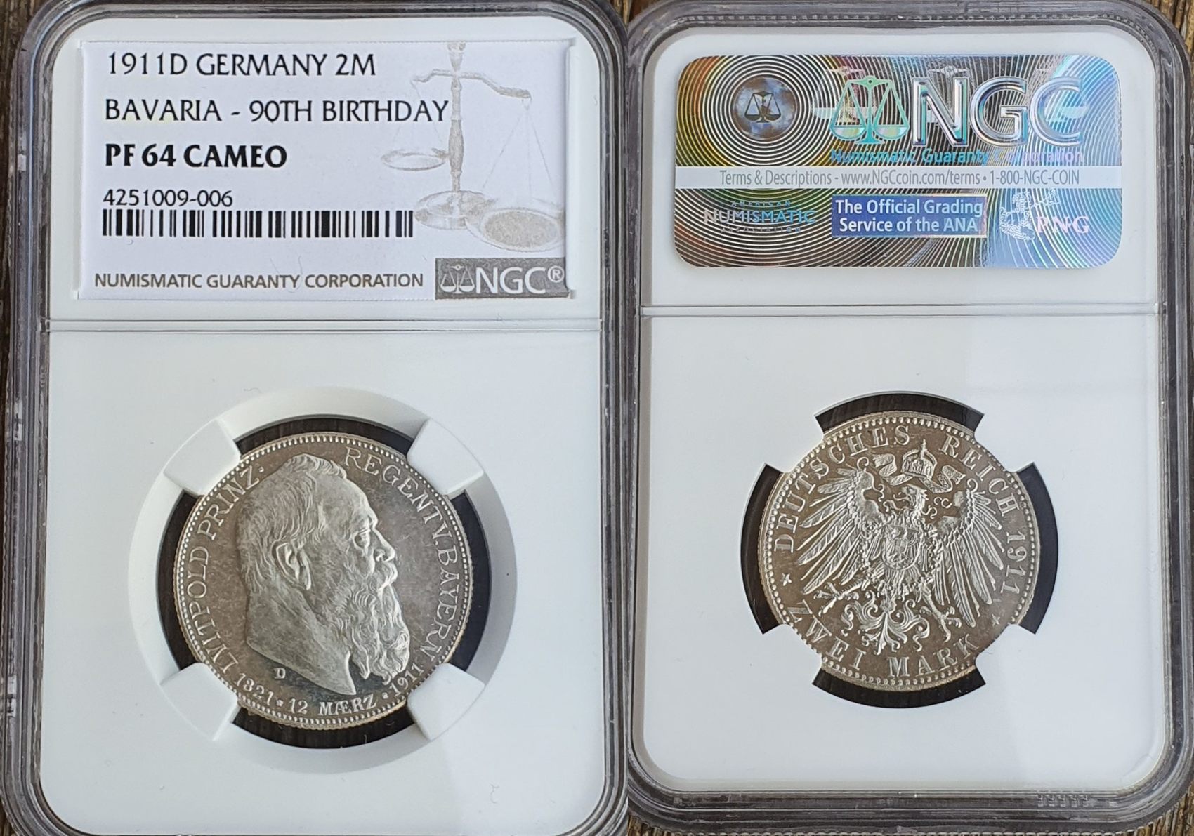 GERMANY Bayern Bavaria 2 Mark 1911 D Bavaria 90th Birthday