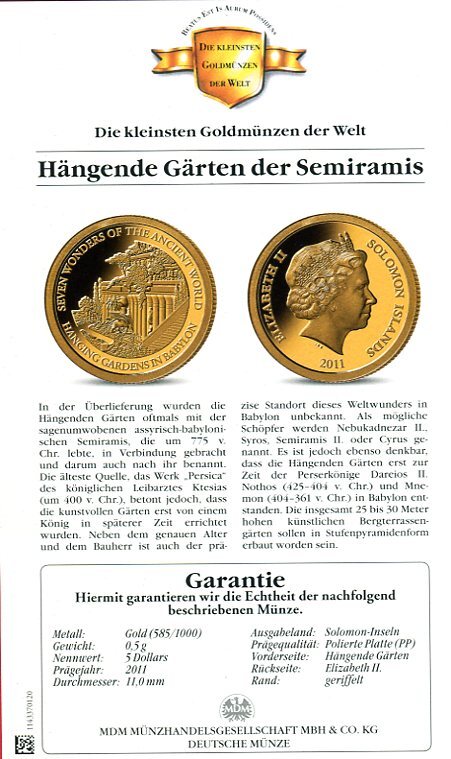 Solomon Islands 5 Dollars Minigoldmünze 2011 Die sieben Weltwunder