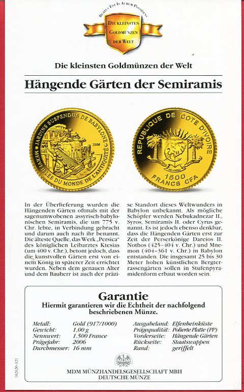 Elfenbeinküste 1500 Francs CFA Minigoldmünze 2006 Hängende Gärten der
