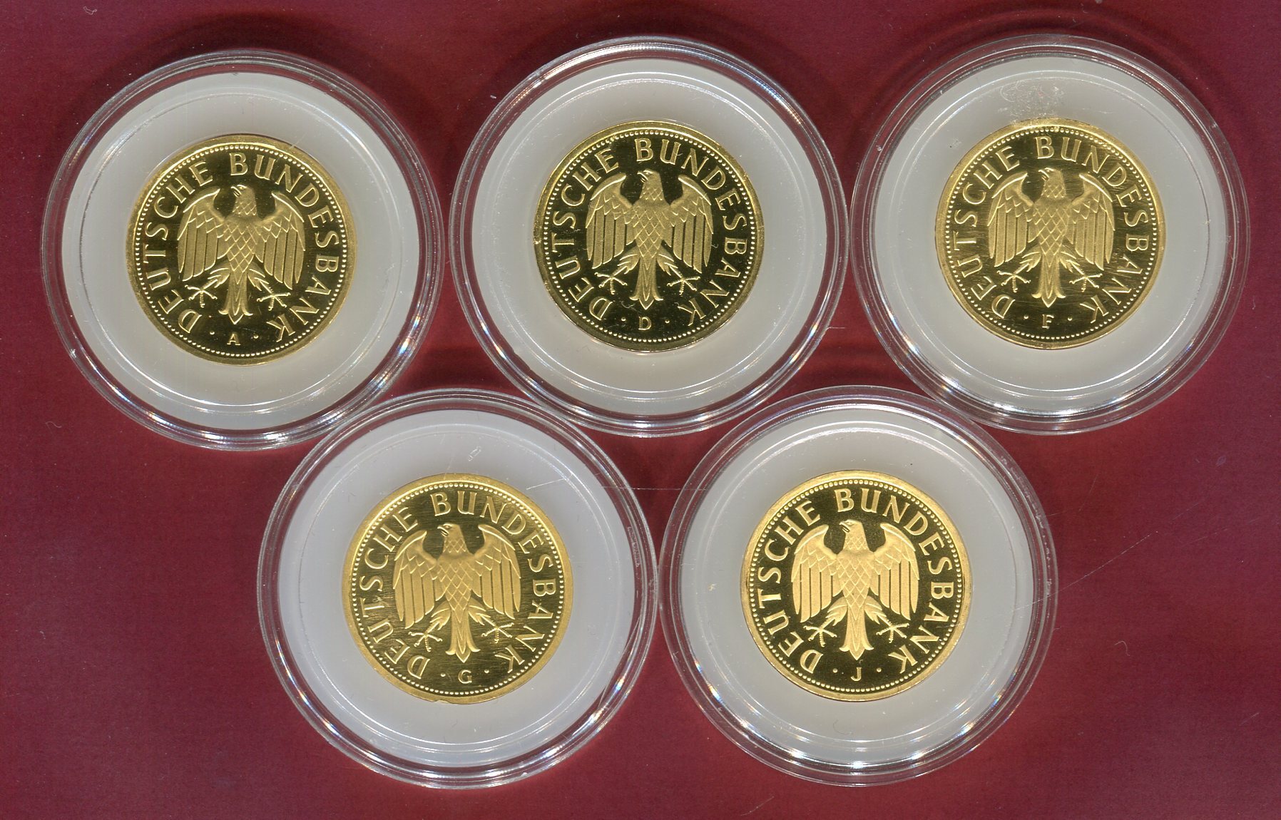 Bundesrepublik Deutschland FRG 1 DM Gold Mark, Satz, A,D,F,G,J Kompl