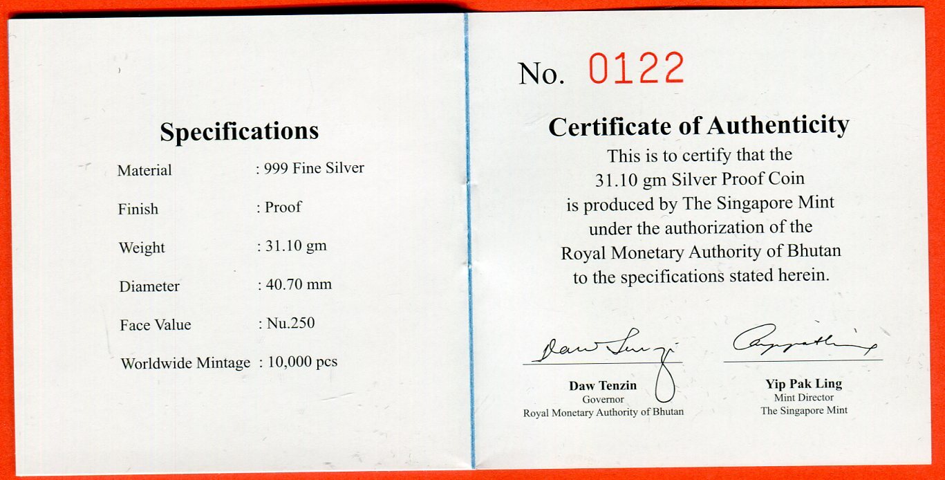 Kingdom of Bhutan 250 Ngultrum Silbermünze - 1 oz 999 Fine Silver 2011 World Buddha Heritage - Wat Pho - Reclining Buddha of Thailand Polierte Platte Farbmünze mit Box, Zert. & Umkarton