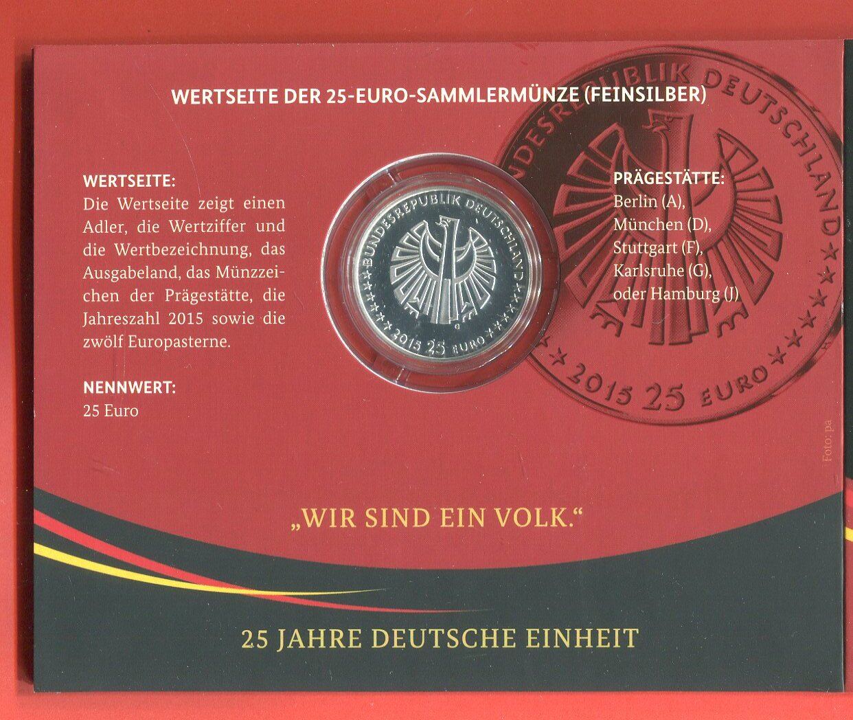 Bundesrepublik Deutschland 25 Euro Silbermünze 2015 G 25 Jahre Deutsche ...