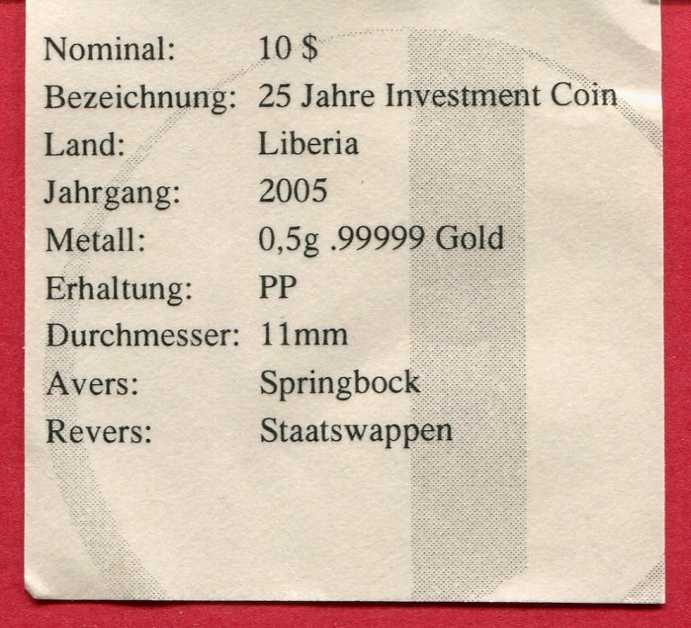 Liberia 10 Dollars Minigoldmünze 2005 25 Jahre InvestmentMünze