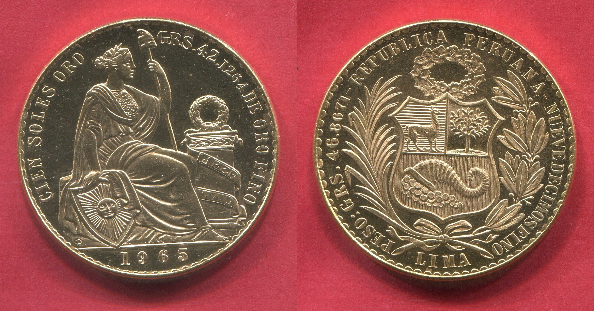 Peru 100 Soles 1965 Seated Liberty Flanked By Shield And Column peru-100-soles-1965-seated-liberty-flanked-by-shield-and-column