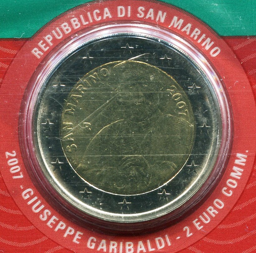 San Marino 2 Euro Gedenkmünze 2007 200 Geburtstag Guiseppe Garibaldi Stempelglanz in Coincard