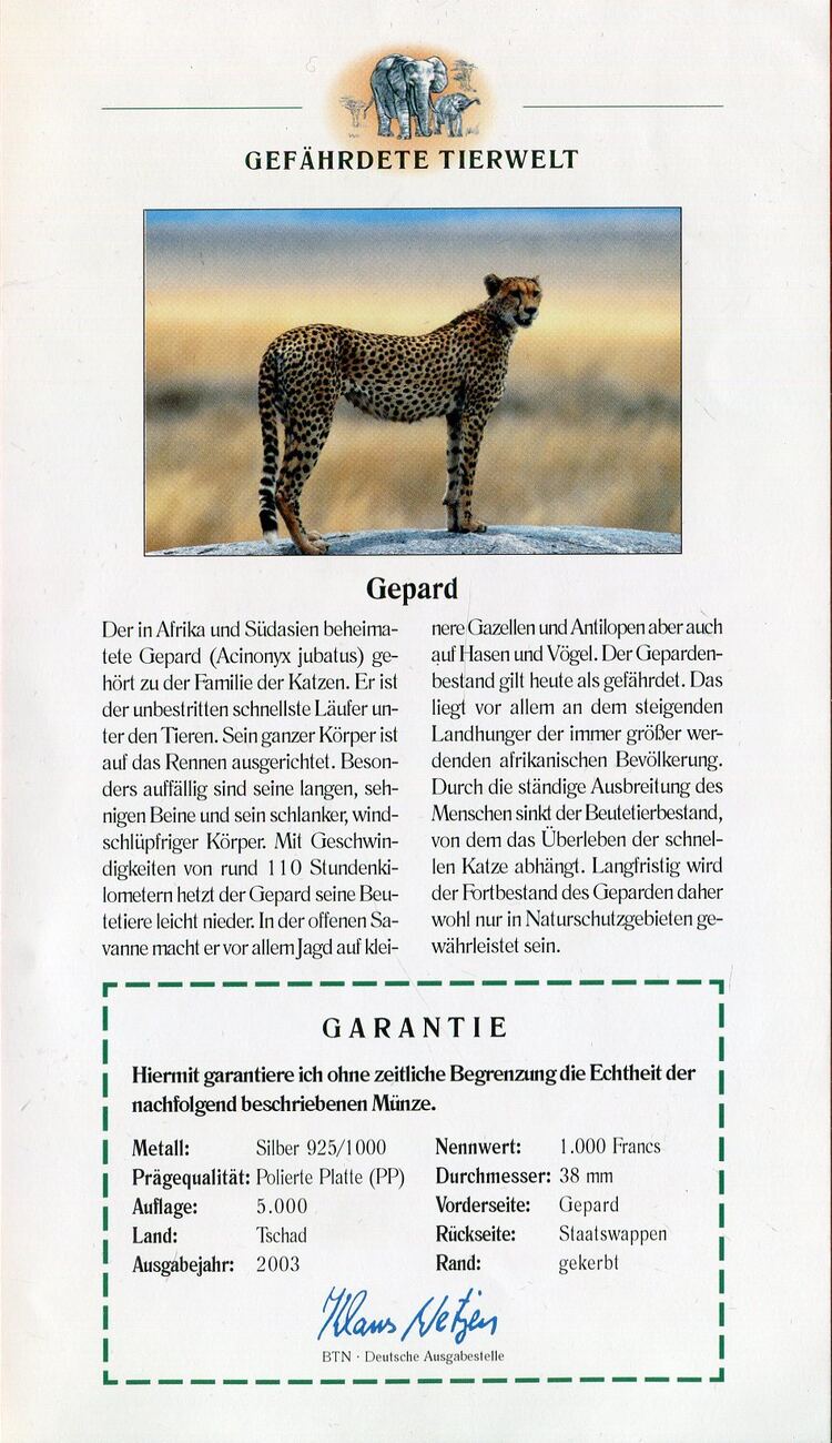 Tschad Chad 1000 Francs 2003 Gefährdete Tierwelt Gepard Polierte