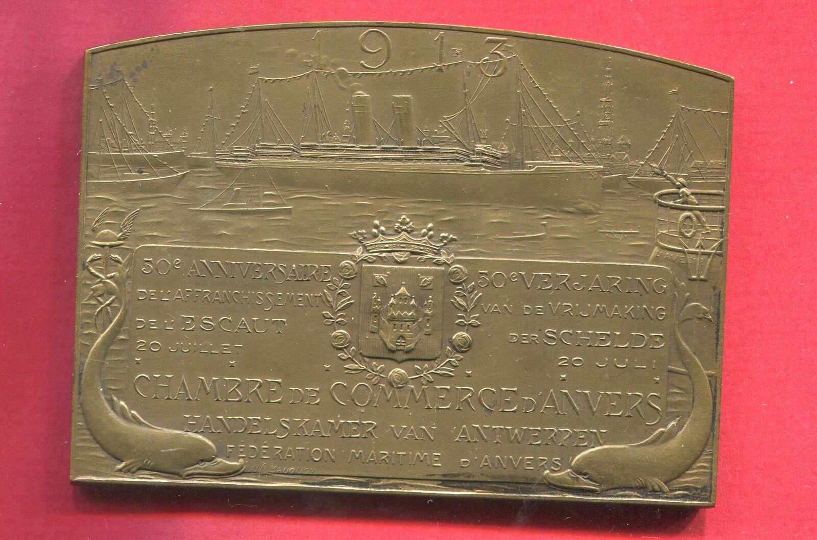 Belgien Belgium Bronze Plakette 1913 Antwerpen a.d. 50Jahrfeier der freien ScheldeSchiffahrt