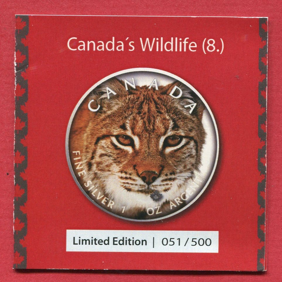 Kanada 5 Dollars Silbermünze mit Farbauflage 2019 Maple Leaf Luchs 1 oz Stempelglanz in Kapsel