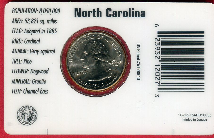 USA Quarter Dollar 2001 NorthCarolina 1789 First Flight BU in Coincard