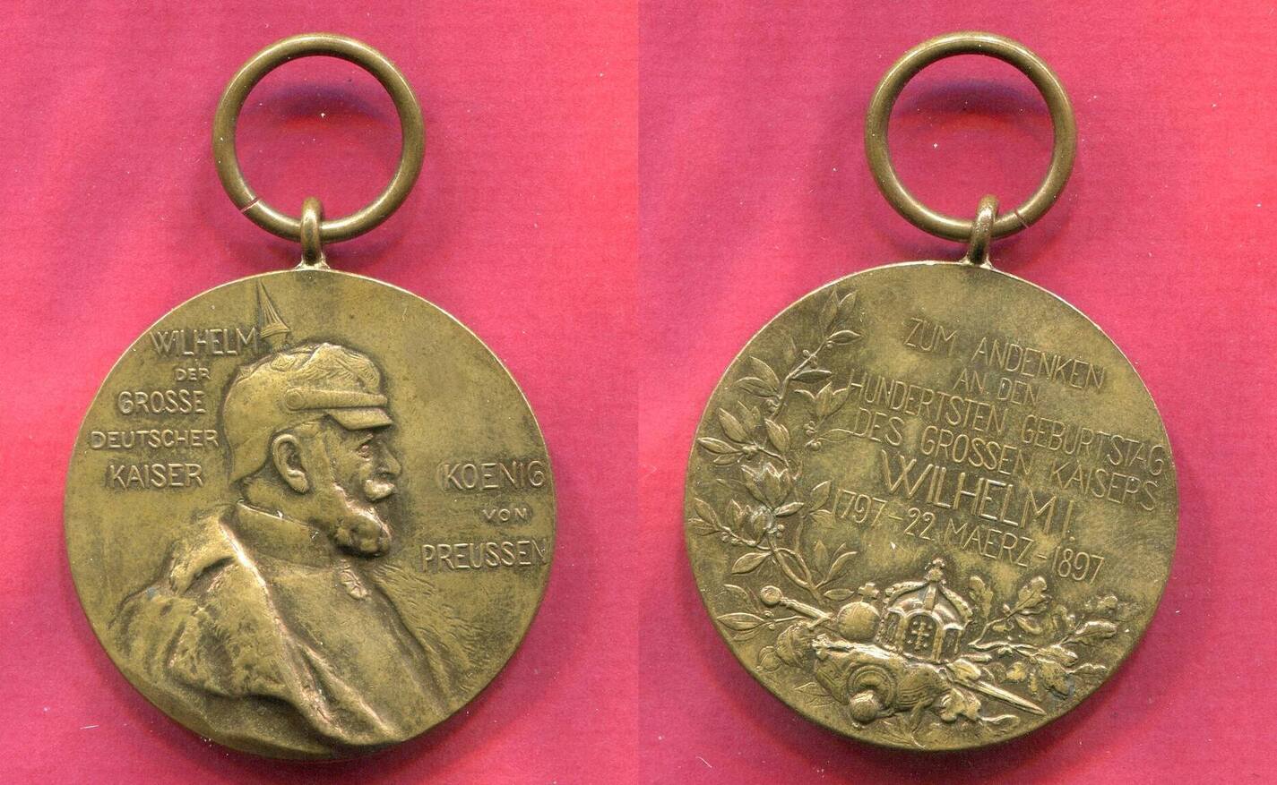 Deutschland Germany Kaiserreich Preußen Tragbare Medaille Bronze mit Orig. Öse 1897 100. Geburtstag von Wilhelm I. 1797 sog. Apfelsinenorden prägefrisch patina