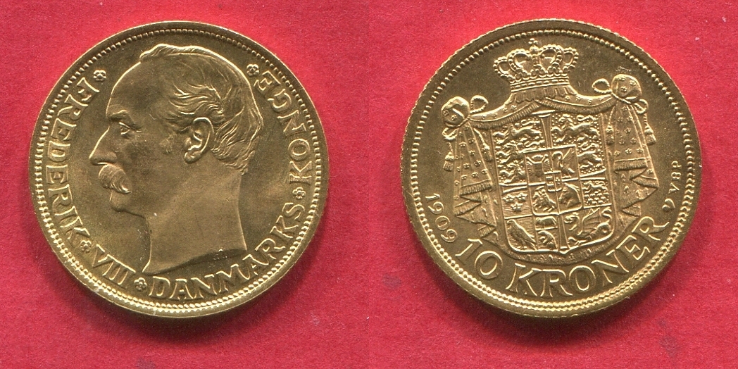 Dänemark Denmark 10 Kroner, Kronen Gold 1909 Frederik VIII. Kursmünze ...