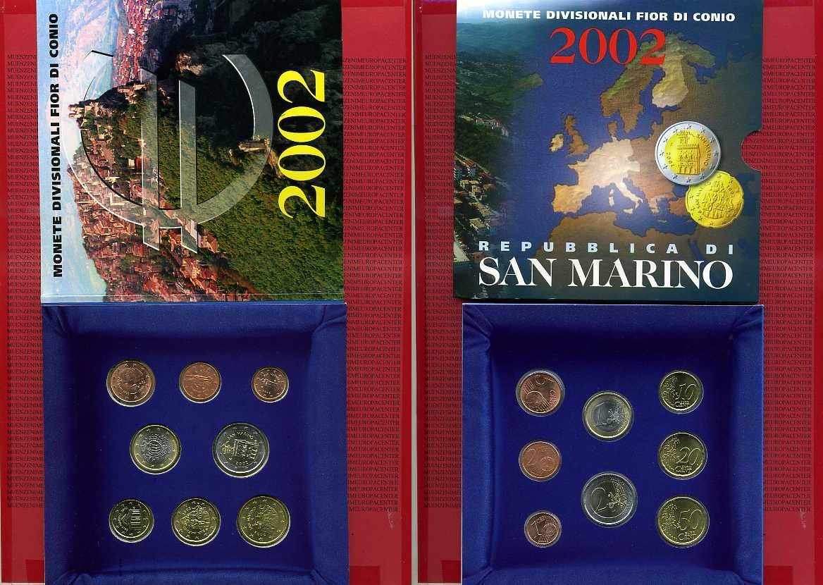 San Marino KMS Offizieller Satz 3,88 Euro 2002 Kursmünzensatz 1 Cent bis 2 Euro Stempelglanz in San Marino KMS Offizieller Satz 3,88 Euro 2002 Kursmünzensatz 1 Cent bis 2 Euro Stempelglanz in