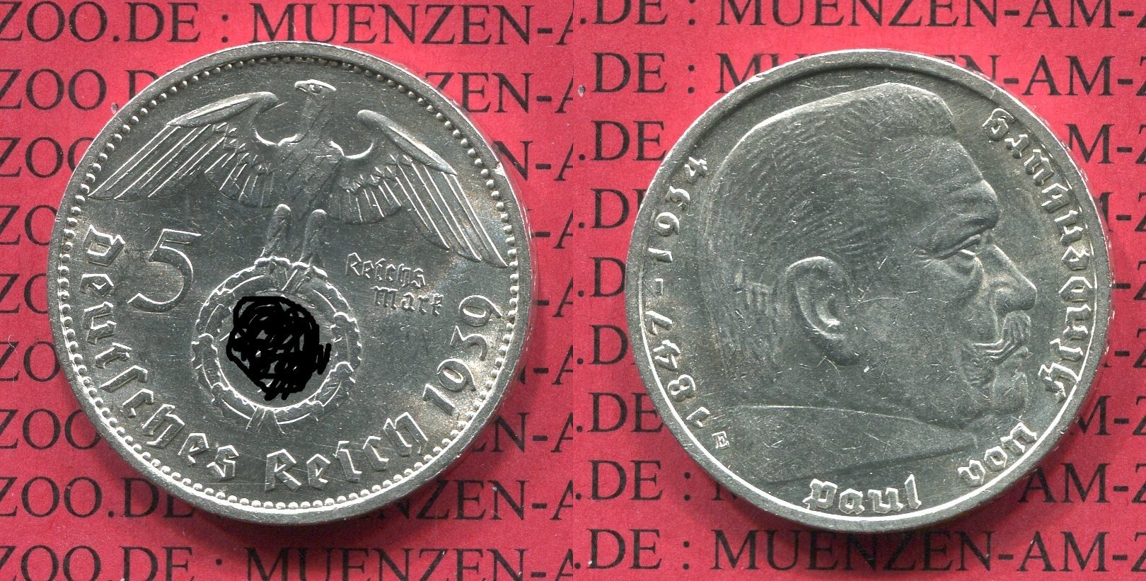 5 Reichsmark Seltener Jahrgang III. Reich 5 Reichsmark 1939 E,Kursmünze ...