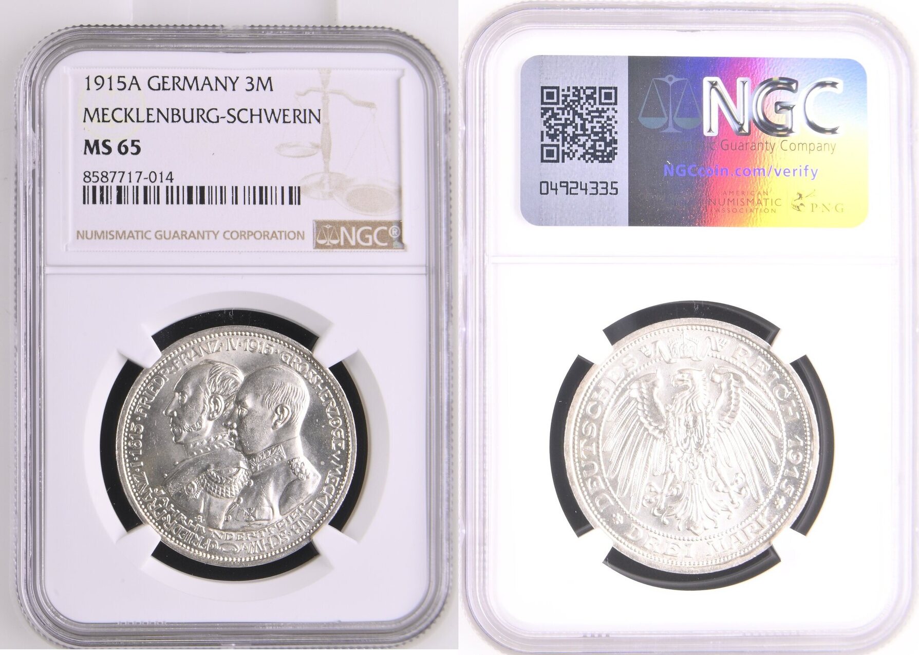 Mecklenburg Schwerin Germany 3 Mark Silber 1915 A Jahrhundertfeier 100 ...