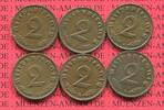 III. Reich, 2 Pfennig Kursmünze mit Hoheitszeichen Jahrgang Komplett mit Reichsadler Swastika all 1937 Mintmarks 6 Stück