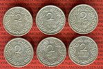 Weimarer Republik Deutsches Reich 6 x 2 Mark 2 Mark Kursmünzen A, D, E, F, G und J komplett - alle Prägestätten -
