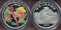 China, Volksrepublik 10 Yuan Silber Red Bird Colorized Auspicious Bird flowers Farbmünze roter Vogel -