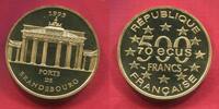 500 Francs 70 Ecu Gold 1993 Frankreich France Monuments et sites d`Europe Brandenburger Tor Porte de Brandenbourg Polierte Platte in Kapsel mit Z...