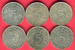 Deutschland, BRD 6 x 5 Mark Silbermünzen Lot aus 6 Silberadlern -