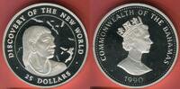 Bahamas 25 Dollars Silber 1990 Arawak-Indianer vor Karte der Karibik Polierte Platte mit Kapsel