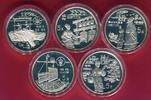 China 5 x 5 Yuan Silbermünzen Lot - Chinas Geschichte - Pflückerin, Komet, Glockenklänge, Wasserwerk, Segelschiff -