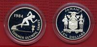 Jamaika, Jamaica 10 Dollar Silbermünze Jamaika 10 Dollars 1984 Olympische Spiele Läufer, Sprinter Polierte Platte mit Kapsel