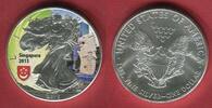 USA 1 Dollar Silbermünze - Silver Eagle - 1 oz 2015 Colorierte Liberty - Singapur Coin Fair - Merlion Stempelglanz Farbmünze mit Kapsel