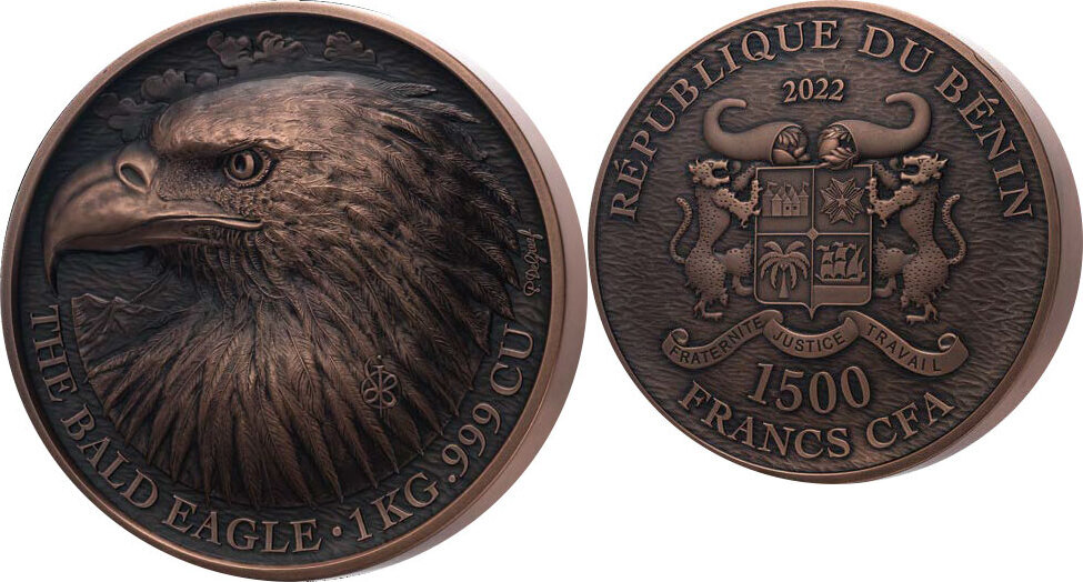 BALD EAGLE Cuivre 1 Kg Kilo Copper Coin 1500 Francs Benin 2022 Antique ...