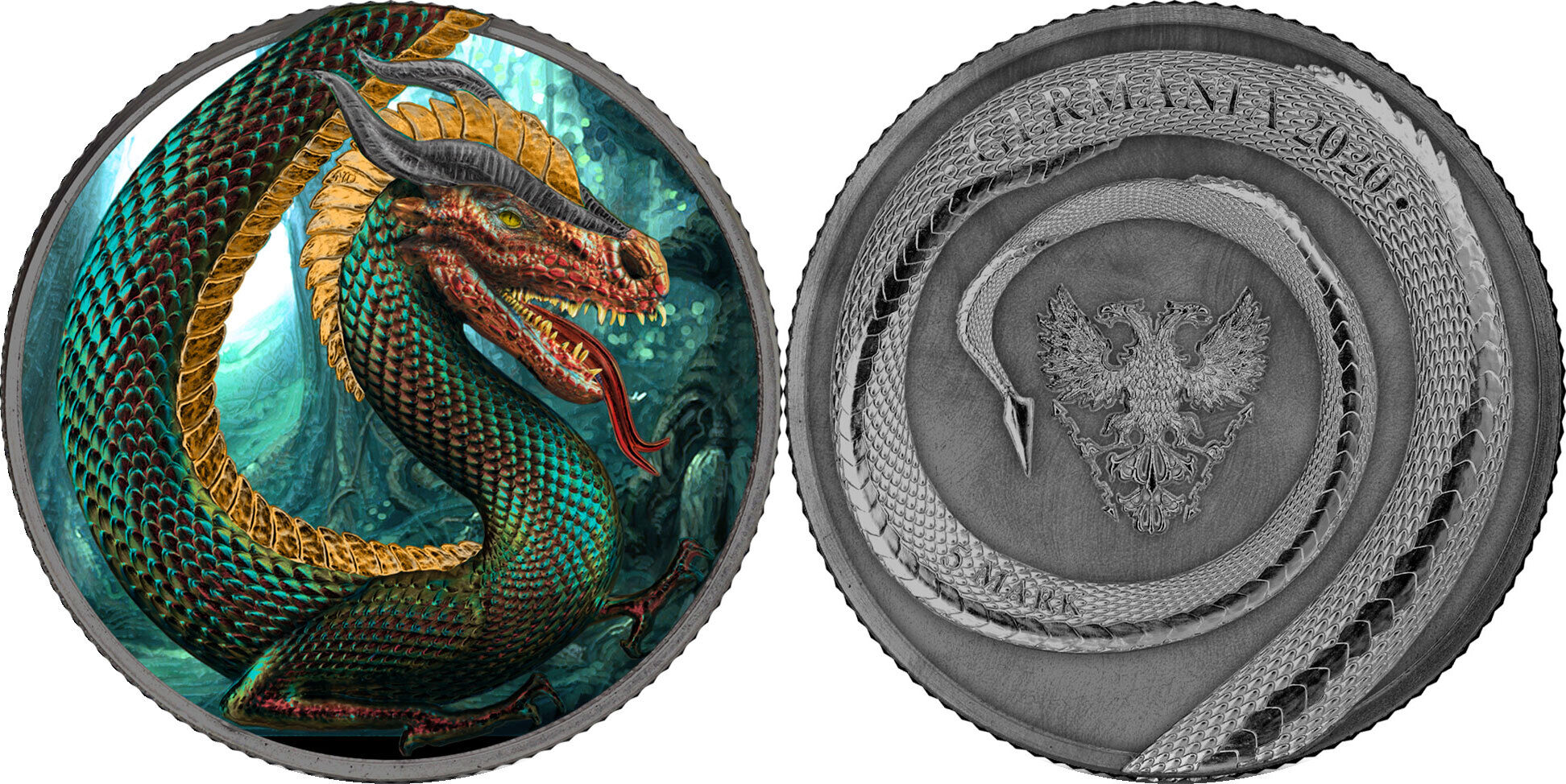 FAFNIR Geminus Dragon Burning Color 1 oz серебро монета 5 марок Германия 2020