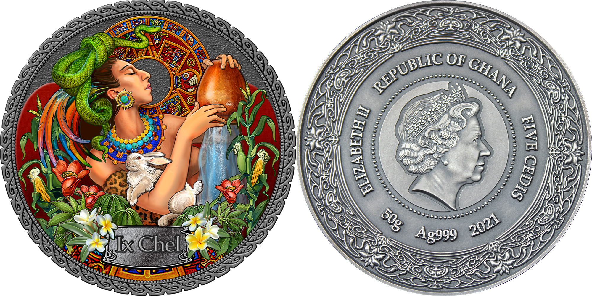 IX CHEL Goddesses of Health Silver Coin 5 Cedis Ghana 2021 Antique