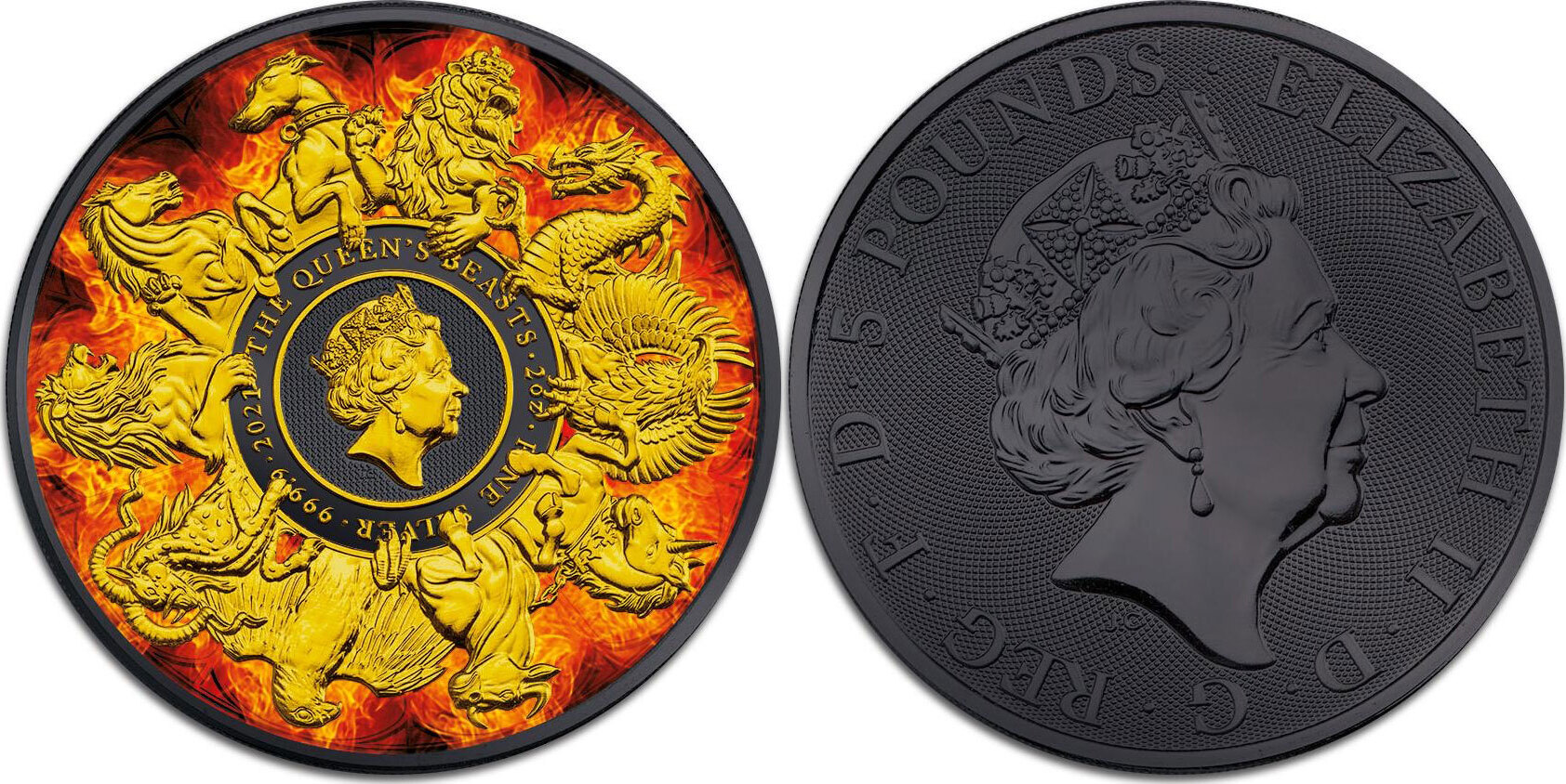 5 Pounds QUEEN BEASTS COMPLETER Burning 2 Oz Silver Coin 5£ United