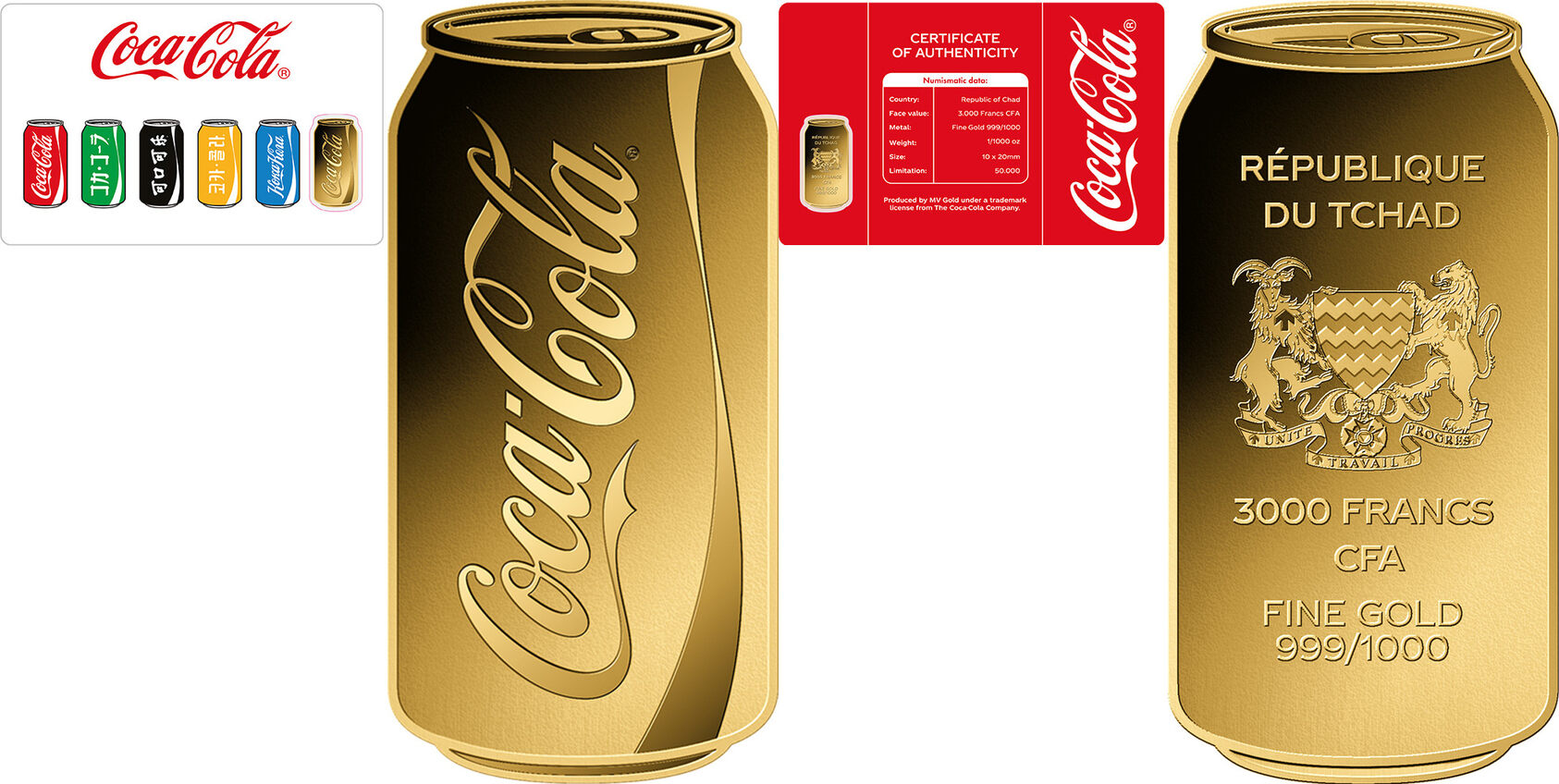 COCA COLA CAN 1/1000 Oz Gold Coin 3000 Francs Chad Prooflike | MA
