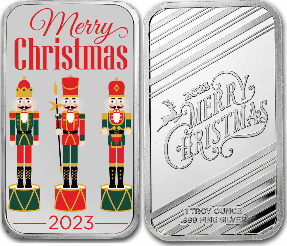 NUTCRACKERS MERRY CHRISTMAS Christmas Bar 1 Oz Silver Medal 2023 BU