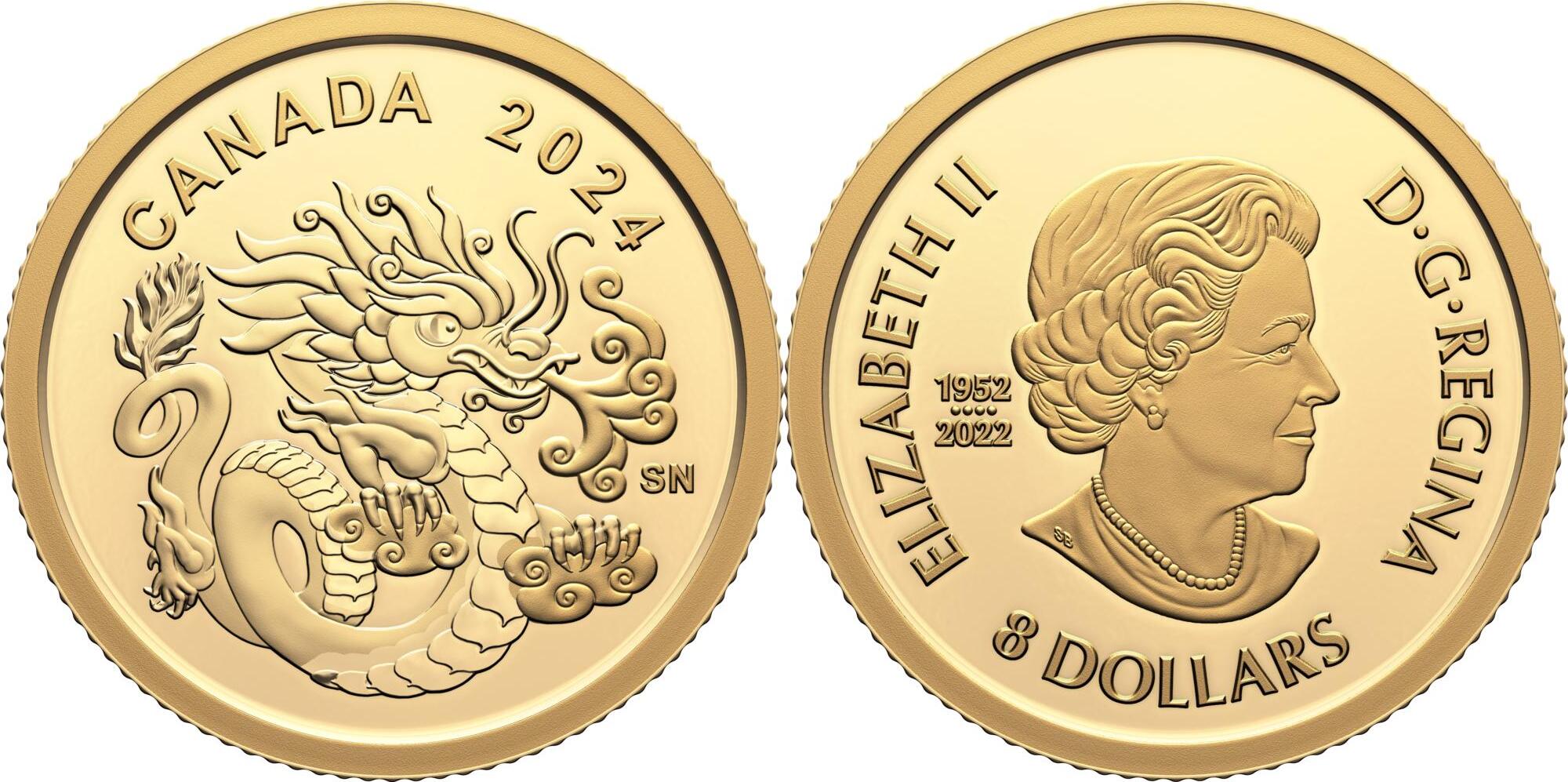 8 Dollars SPIRIT DRAGON Gold Coin 8 Canada 2024 PP MA Shops   Combined6299 