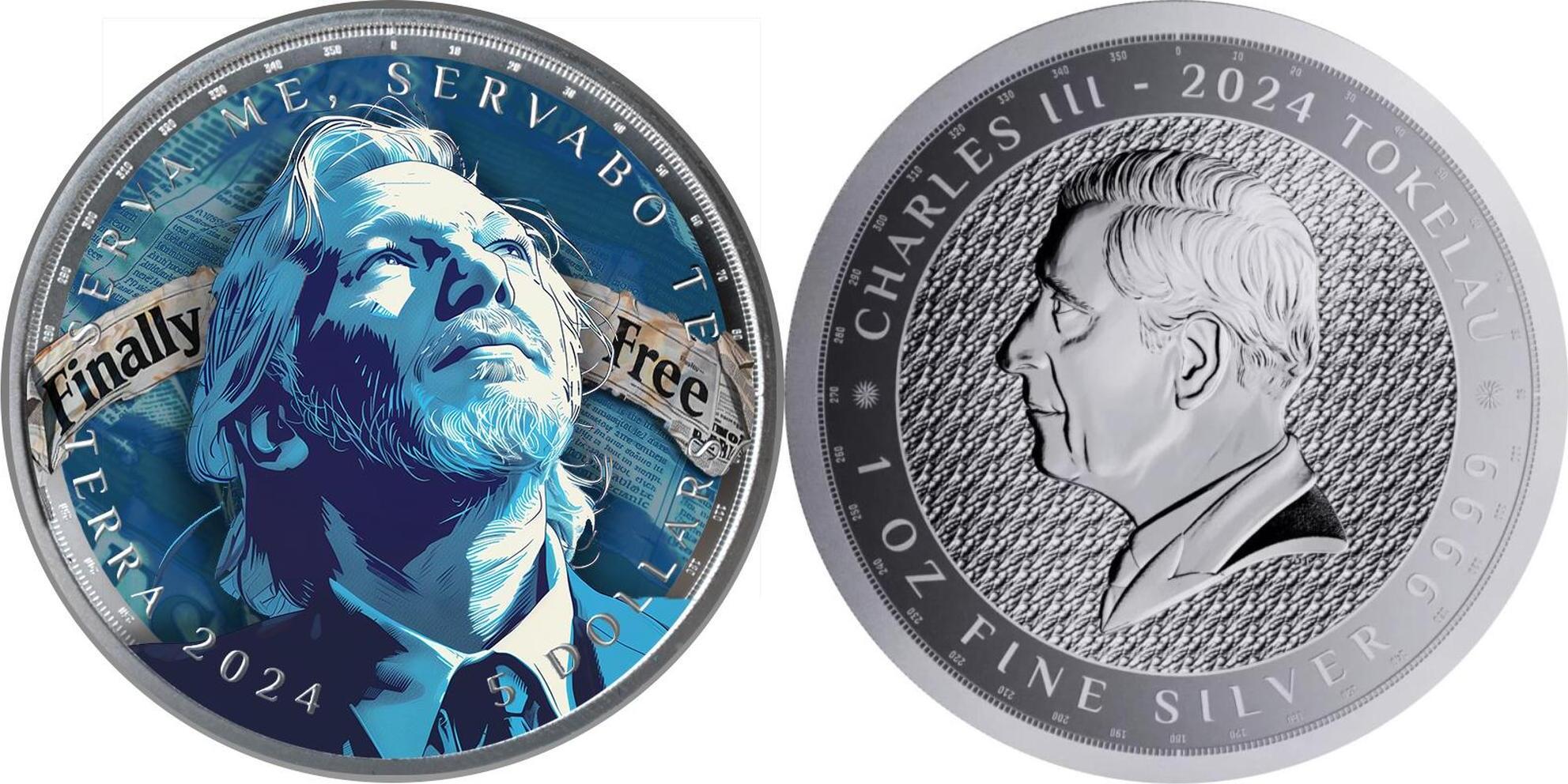 5 Dollars ASSANGE IS FREE Wikileaks Terra 1 Oz Silver Coin 5$ Tokelau