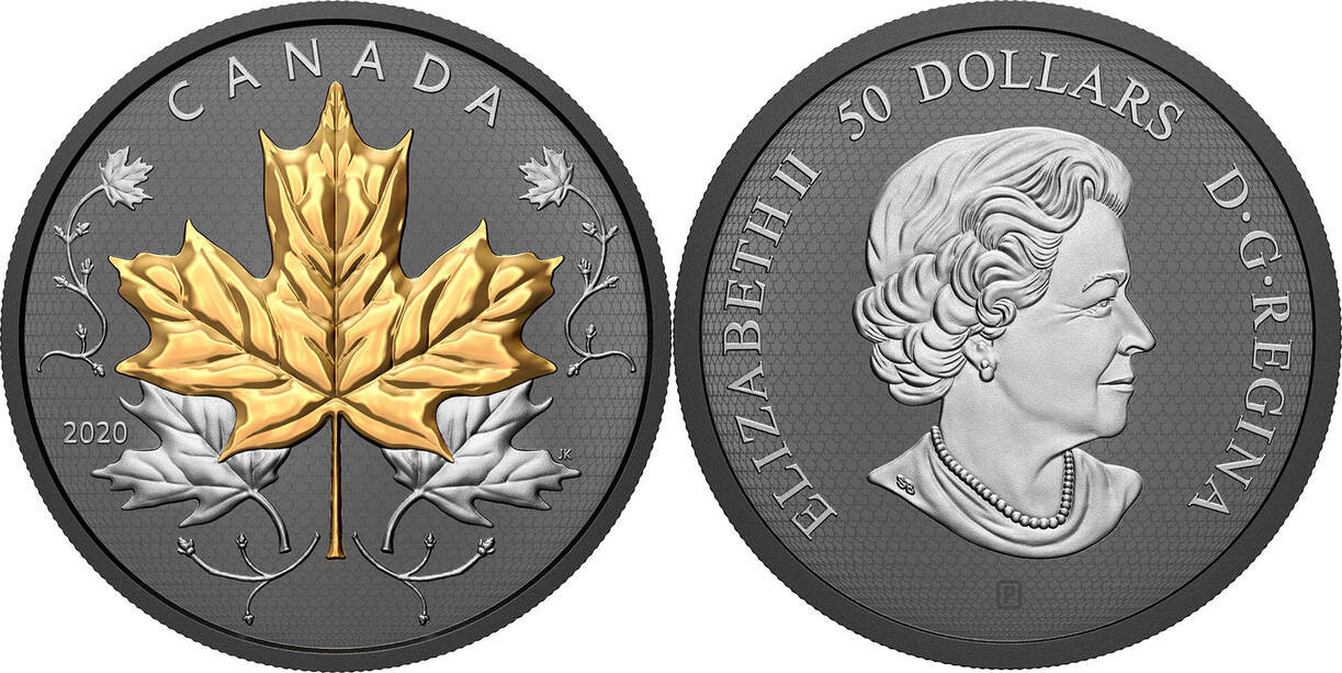 50 Dollars MAPLE LEAF BLACK RHODIUM 5 Oz Silver Coin 50 Canada 2020 PP