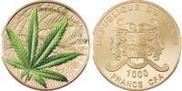 Benin 1000 Francs MARIJUANA Cannabis Sativa Gilded Leaf 1 Oz Silver Coin 1000 Francs Benin 2021 -