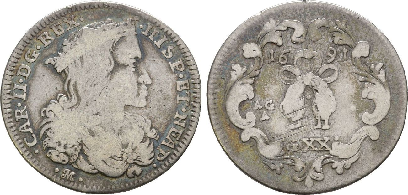 Italien Neapel und Sizilien 20 Grani ( Tari ) 1691 Karl II. von