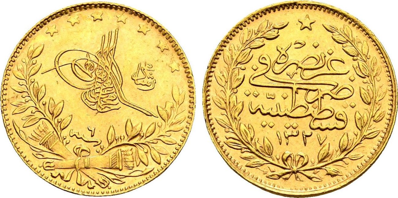 Türkei 50 Kurus GOLD AH 1327,Jahr 2 Mehmed V. Resad, 19091918 vz Türkei 50 Kurus GOLD AH 1327,Jahr 2 Mehmed V. Resad, 19091918 vz