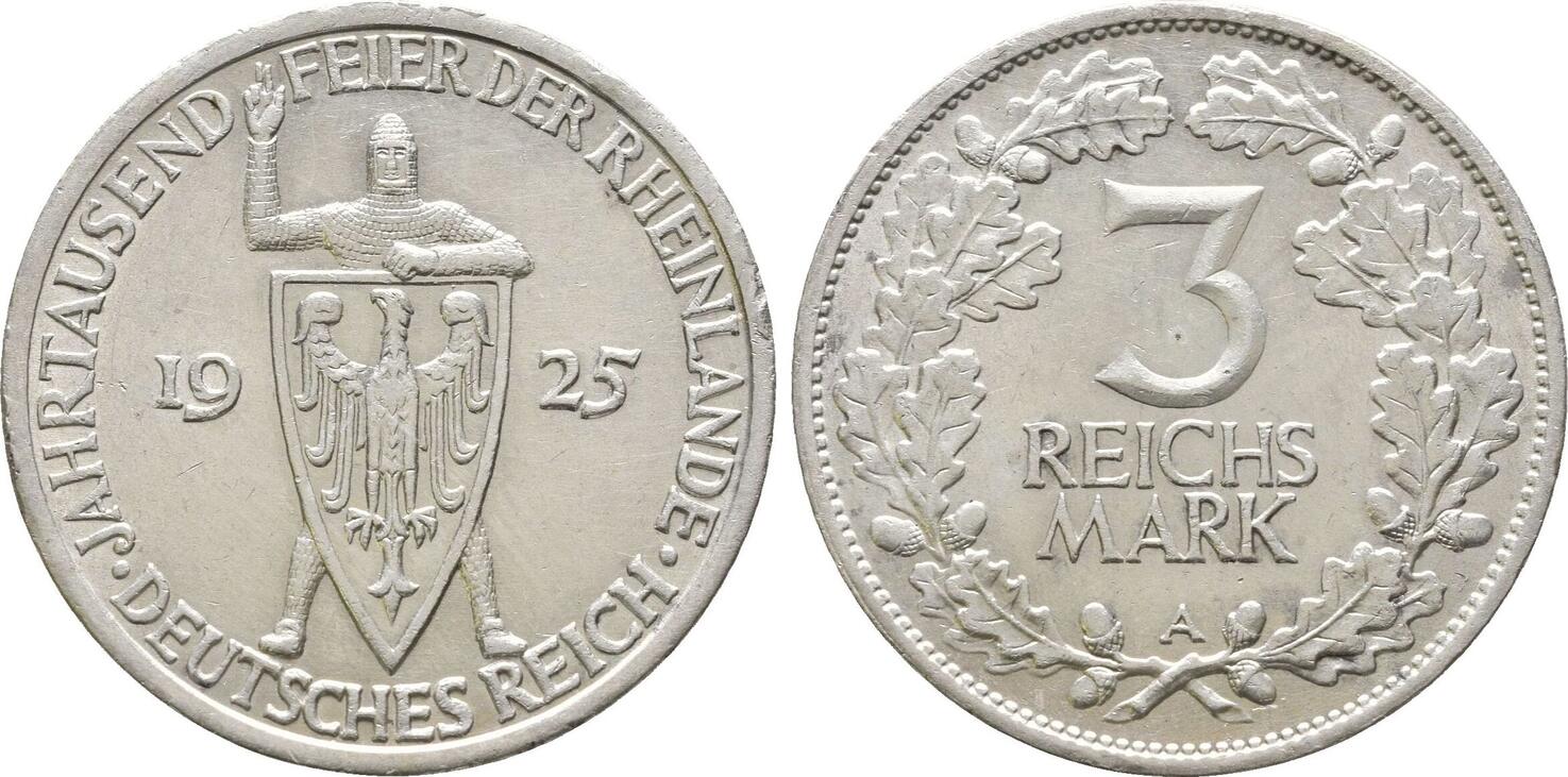 Weimarer Republik: 3 Reichsmark Rheinlande 1925 A ss-vz kleiner