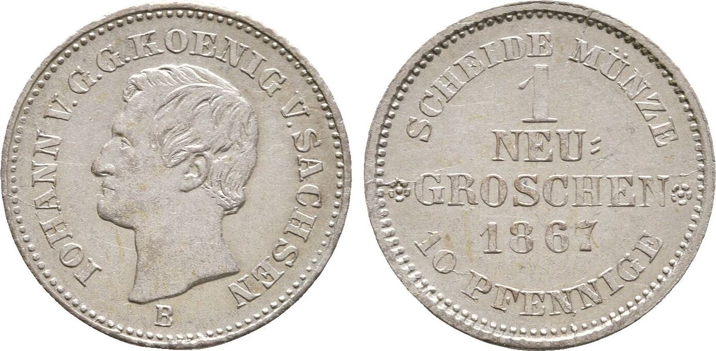 Sachsen: 1 Neugroschen 1867 B Johann, 1854-1873: Vz/vz+ | MA-Shops